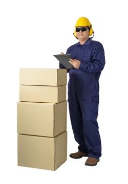 Worker in Mechanic Jumpsuit with stack of boxes and Checking Products isolate Stock Photos