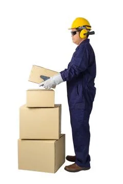 Worker in Mechanic Jumpsuit with stack of boxes isolated on white background Stock Photos