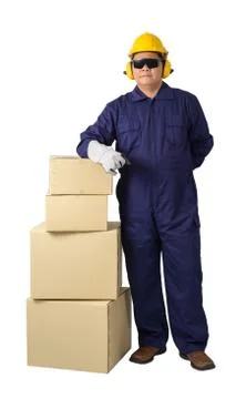 Worker in Mechanic Jumpsuit with stack of boxes isolated on white background 스톡 사진