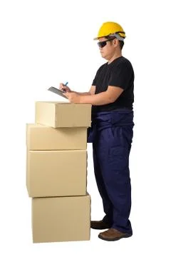 Worker in Mechanic Jumpsuit with stack of boxes and Checking Products isolate Stock Photos