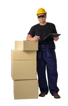 Worker in Mechanic Jumpsuit with stack of boxes and Checking Products isolate Stock Photos