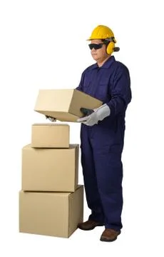 Worker in Mechanic Jumpsuit with stack of boxes isolated on white background 스톡 사진
