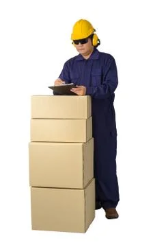 Worker in Mechanic Jumpsuit with stack of boxes and Checking Products isolate Stock Photos