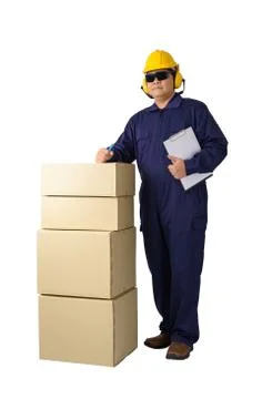 Worker in Mechanic Jumpsuit with stack of boxes and Checking Products isolate Stock Photos