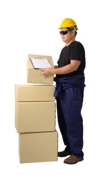Worker in Mechanic Jumpsuit with stack of boxes and Checking Products isolate Stock Photos