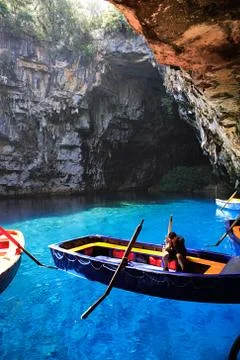 Worker in Melissani Cave Stock Photos