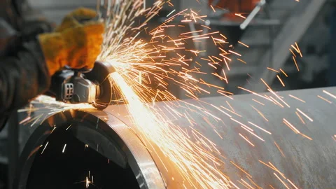 A worker at a metalworking plant processes a large pipe with a grinder. Stock Footage 306541267