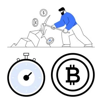 Worker Mining Cryptocurrency with Pickaxe and Time Symbol among Currency Ic.. Stock Illustration