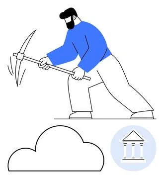 Worker Mining Data from Cloud Storage with Pickaxe, Reflecting Technologica.. Stock Illustration