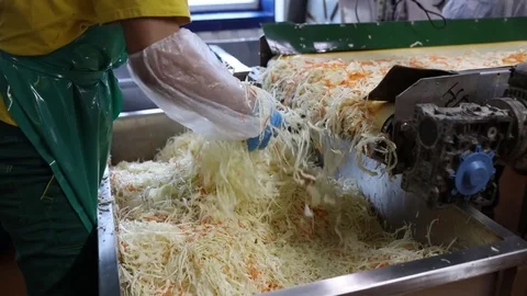 Worker mixing shredded cabbage and carrot Video stock 74476588