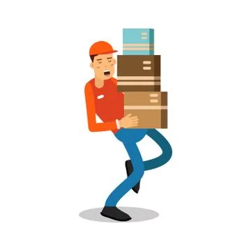Worker mover man holding and carrying heavy cardboard boxes, courier in uniform Stock Illustration