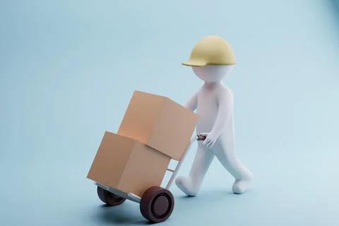 Worker moving boxes on hand truck, blue background, logistics Stock Illustration