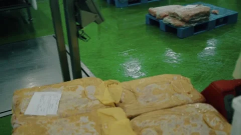 Worker is moving cart with raw meat Stock Footage 221721422