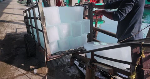  worker moving large blocks of ice from a cart into an ice crusher Stock Footage 327440228