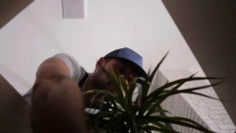 Worker of moving service unloading box indoors Stock Footage 114915292