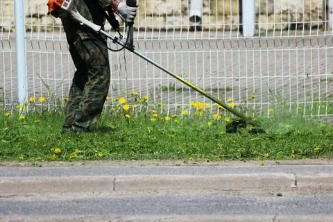 Worker mowing grass with a trimming machine. Stock Photos