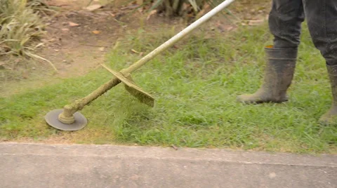 Worker mowing green grass with manual lawnmower. Stock Footage 41171199