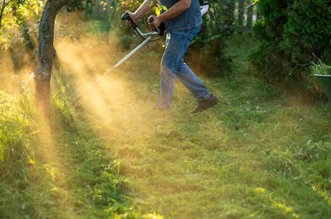 Worker mowing green grass with trimmer in bright evening sunlight Stock Photos