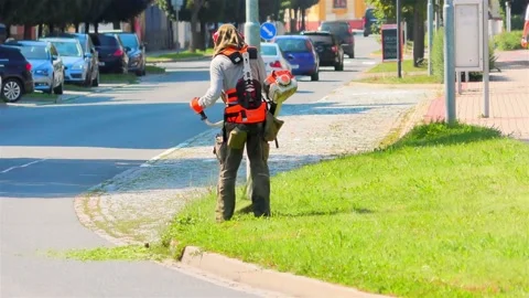 Worker Mowing Lawn With Garden Trimer, Man Mowing Grass On a City Street. Stock Footage 159751450
