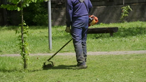 Worker mowing lawn with grass trimmer outdoors on sunny day Stock Footage 201788614