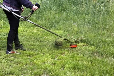 The worker mows the grass with a trimmer. Foto stock