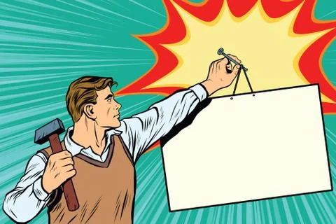 Worker nailing a poster to the wall Stock Illustration