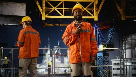 Worker on oil platform speaks through radio devices to inspect drilling systems Stock Photos