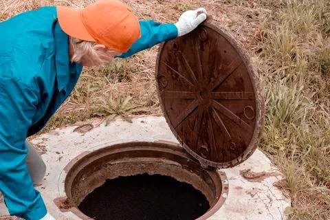 The worker opened the well hatch and looks inside. Troubleshooting, checkin.. Photos