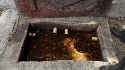 Worker opens liquid organic waste deposit for treatment Stock Footage 346612481
