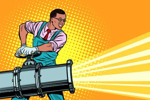 Worker opens the tap of an oil or water pipe Stock Illustration