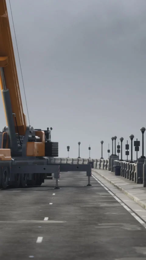 Worker operates crane on bridge during cloudy day for construction task Stock Footage 338003480