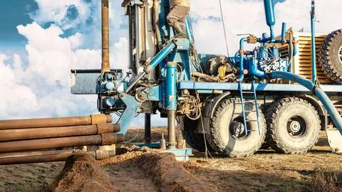 A worker operates a drilling rig at a construction site in the countryside. T 库存照片