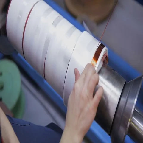 Worker operates with electric cooper wires, winding of the transformer Stock Footage 69407421