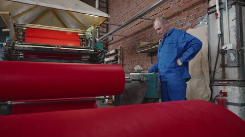 Worker Operates Production Equipment Rolling Eco Friendly Fabric Material Stock Footage 305925296