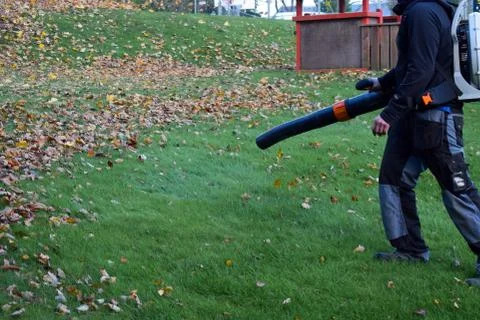 Worker operating heavy duty leaf blower in park. Stock Photos