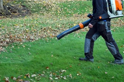Worker operating heavy duty leaf blower in park. Stock Photos