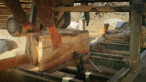 Worker operating a sawmill cutting logs. Industrial woodworking and timber Stock Footage 264197435