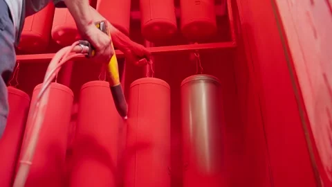 Worker operating using special gun for powder painting. Industrial painting Video stock 251481592