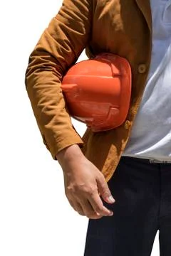 Worker or architect holding plastic helmet in hand Stock Photos