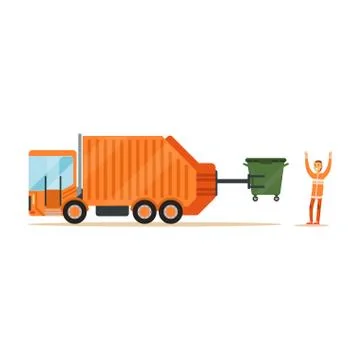 Worker in orange uniform loading recycle bin into garbage collector truck, waste Illustrazione stock