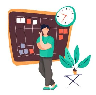 Worker organizing work time, concept of time management, worker near board with Stock Illustration