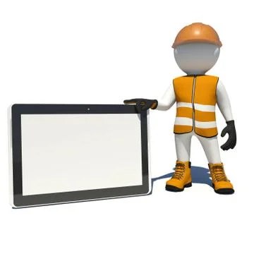Worker in overalls holding tablet pc with empty touch screen. Isolated Stock Illustration
