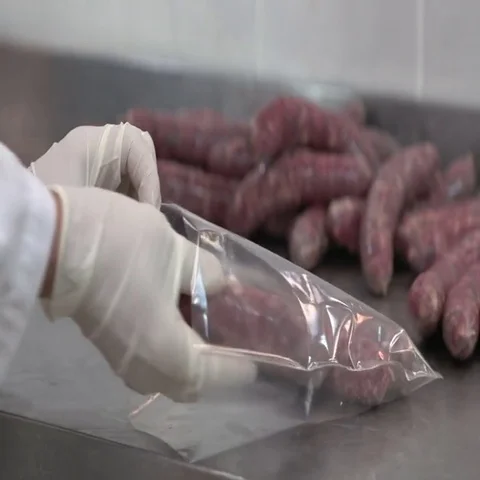 Worker packages sausages in a plastic packaging Video stock 69384456