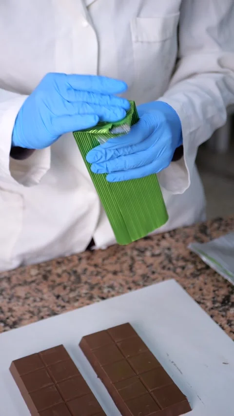 Worker packaging chocolate plats. Chocolate industry. Vídeos de archivo 309937606