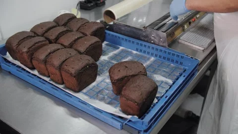 Worker Packaging Fresh Bread Loaves In Blue Crate. Bakery production Stock Footage 321735595