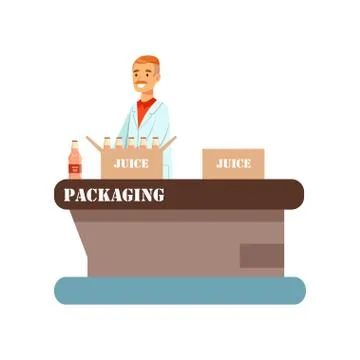 Worker packing bottles of juice in boxes, juice production process stage vector Stock Illustration