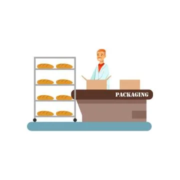 Worker packing freshly baked bread in boxes, stage of bread production process Stock Illustration