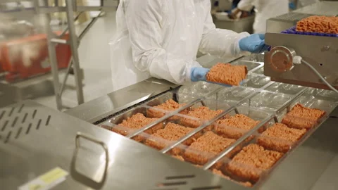 Worker Packing Ground Poultry Portions on Industrial Tray Line Stockbeeldmateriaal 339007906