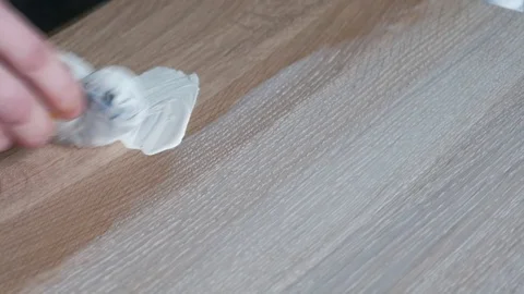Worker Paint Wood Table Surface With White Paint Stock Footage