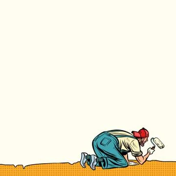 Worker painter paints wall at the bottom 库存插图